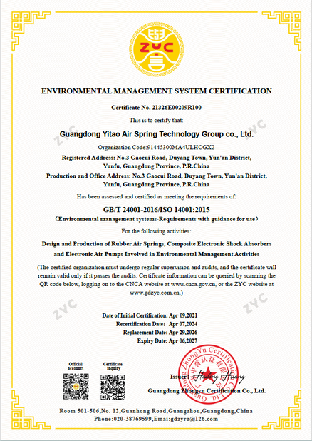 La CINA Yitao Air Spring Group Certificazioni